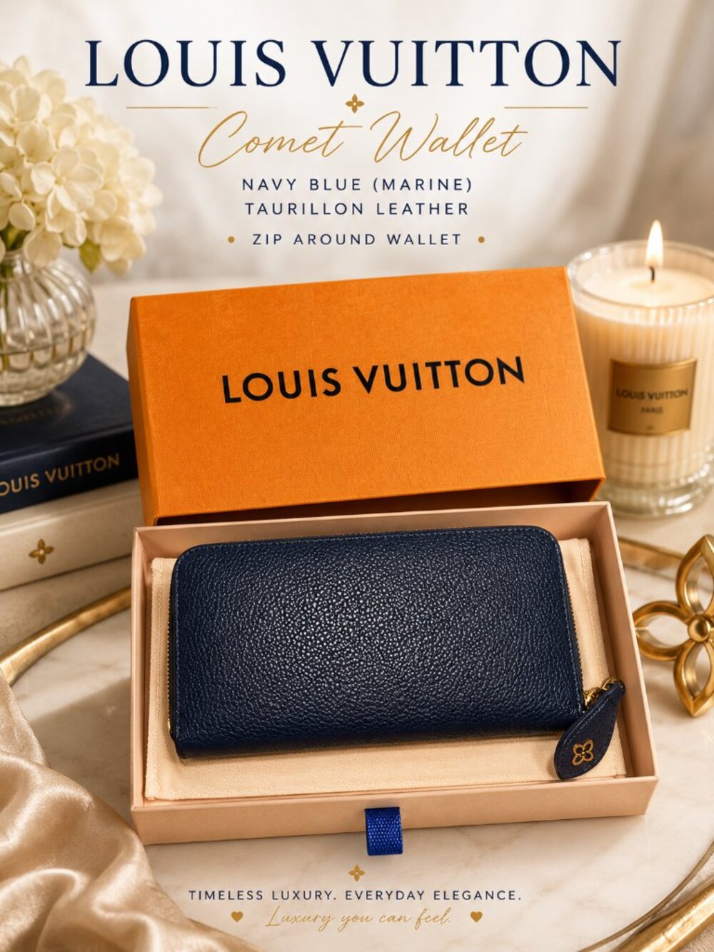 Louis Vuitton Comet Wallet Navy Blue Marine Taurillon Leather Zip Around Wallet